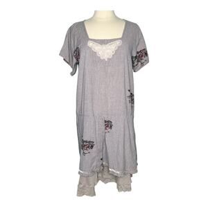 Ewa i Walla Blue Grey Check Relaxed Lagenlook Boheimian Avantgarde Dress Large